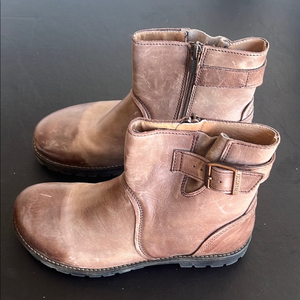 Birkenstock Stowe Brown Leather Ankle Boots with Buckle
